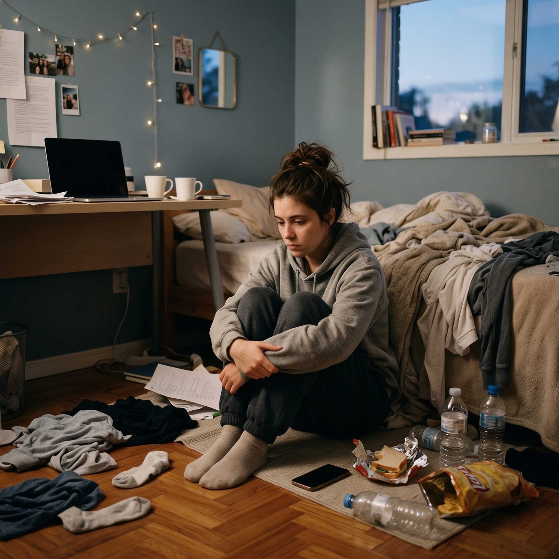Jovem mulher sentada no chão de um quarto bagunçado, com expressão triste e cansada. Ao redor dela há roupas espalhadas, garrafas de água vazias, restos de comida e papéis. A cena retrata exaustão e o impacto da baixa autoconfiança 