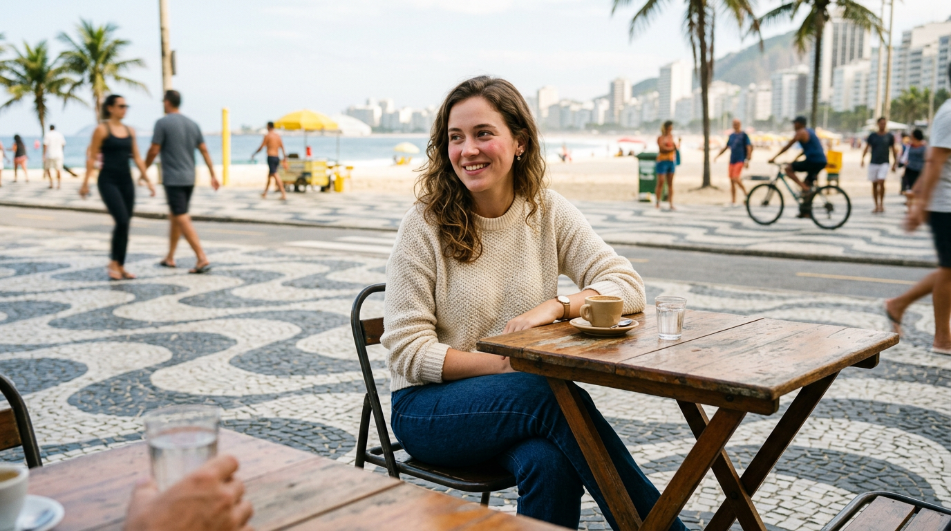 Pessoa em uma mesa de café ao ar livre, sorrindo de forma tímida mas genuína durante uma conversa