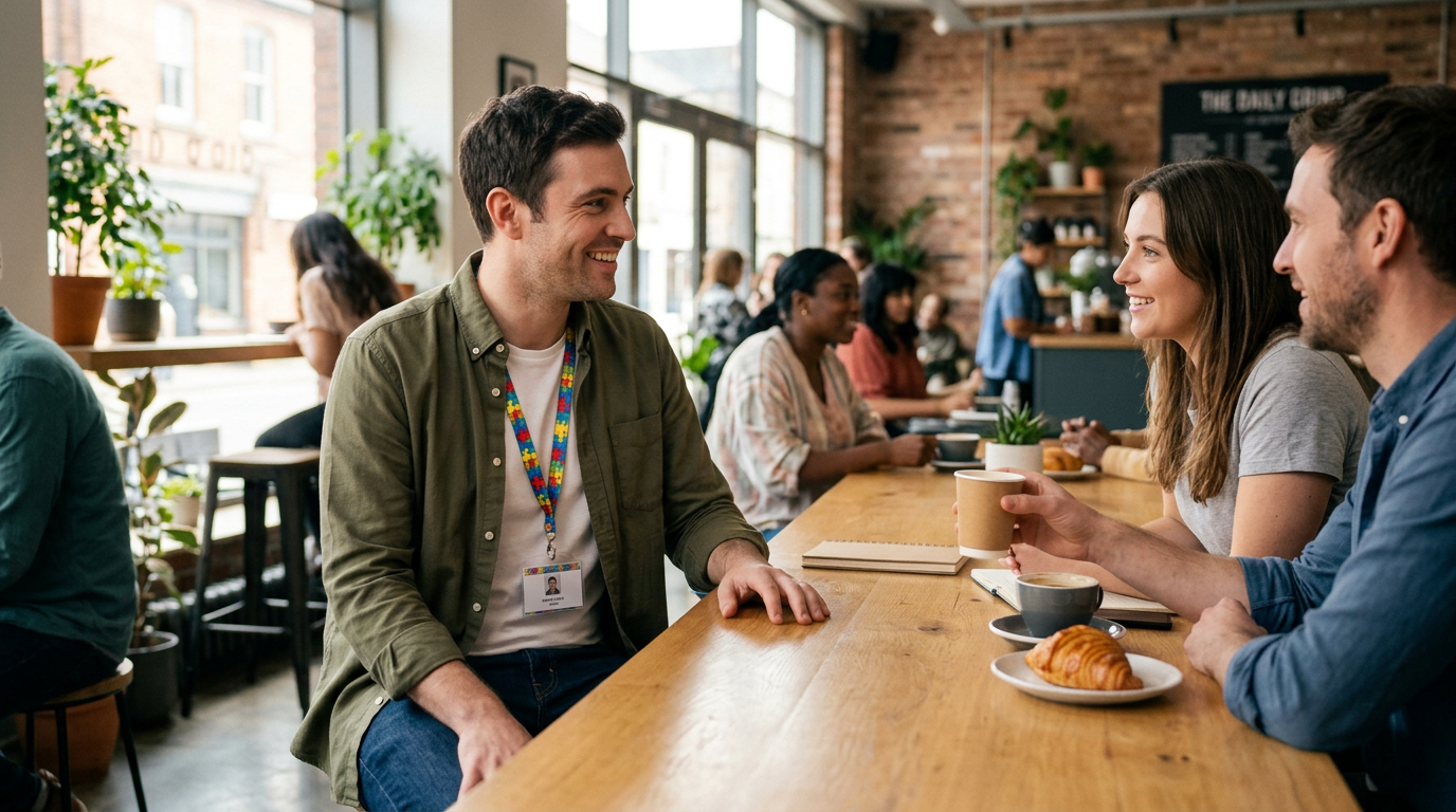 "Um adulto jovem (aproximadamente 30 anos), com aparência casual elegante, participando de uma conversa leve e natural em um ambiente social claro, como um café moderno ou um evento de networking informal. A pessoa sorri de forma genuína e está interagindo confortavelmente com outras pessoas ao redor. No peito da camisa ou jaqueta, há um crachá de identificação visível com cordão colorido, contendo o padrão característico de peças de quebra-cabeça nas cores azul, vermelho, amarelo e verde (símbolo tradicional do autismo). A iluminação é natural e acolhedora, transmitindo a ideia de que pessoas autistas estão integradas na sociedade, vivendo suas vidas de forma plena e autêntica, sem nenhum estereótipo visual de isolamento ou sofrimento.",
"conceito": "Visibilidade positiva e integração social de adultos autistas, com uso discreto do crachá identitário com símbolo do quebra-cabeça colorido."