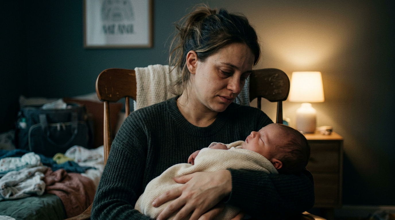 Uma mãe segurando seu bebê com expressão complexa: amor profundo misturado com cansaço, mostrando que esses sentimentos coexistem sem se contradizerem.
