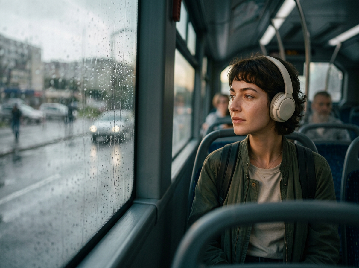 uma pessoa andando e ônibus em um dia chuvoso com expressão reflexiva representando a melancolia no cotidiano
