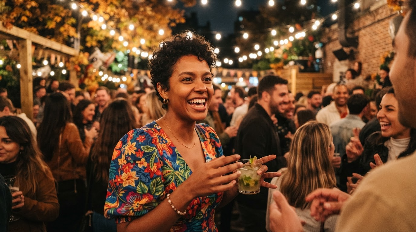 Uma pessoa brasileira sociável, de cabelos curtos, escuros e cacheados, vestindo um vestido estampado e vibrante, fazendo contato visual e sorrindo enquanto conversa em um evento social movimentado