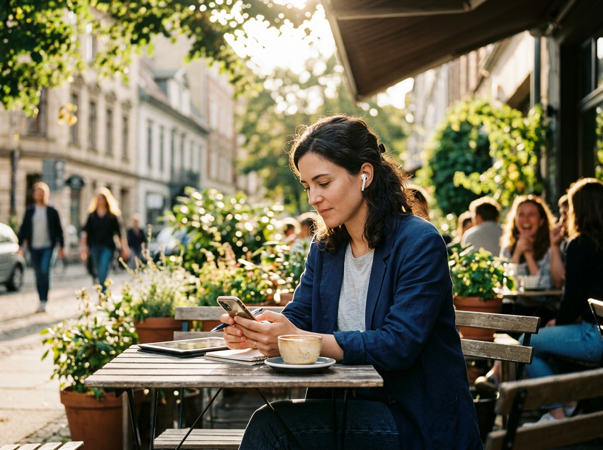 Mulher sentada em um café ao ar livre, usando fones de ouvido sem fio e olhando para o celular com expressão concentrada e tranquila. Na mesa, há um tablet e uma xícara de café. A cena ilustra a flexibilidade da terapia online, permitindo atendimento psicológico integrado à rotina diária em ambientes externos.